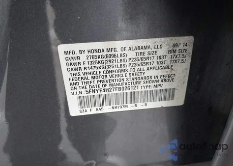 2015 Honda Pilot Lx z USA, uszkodzony, nr VIN 5FNYF4H27FB026121